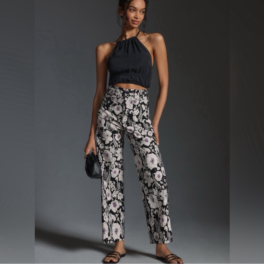 Anthropologie Black Floral Wide-Leg Pants